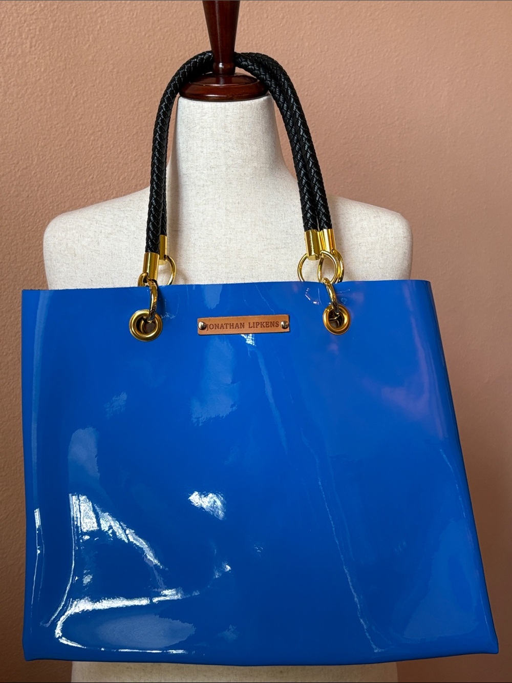 Royal Blue Patent Tote with Braided Black Handles